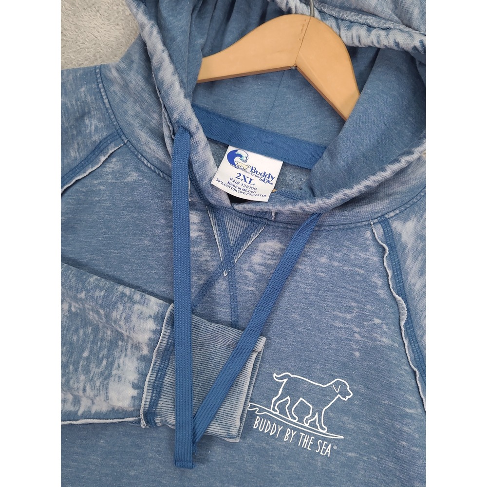 Buddy by the Sea Mens 2XL Blue Acid Wash Surf Dog Graphic Pullover Hoodie Beach
